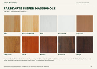 Farbkarte Kiefer Massivholz – zehn Oberflächen: Natur, Natur unbehandelt, Weiß, Schneeweiß, Capuccino, Antik Kiefer, Kirsch, Kolonial, Nussbaum und Wenge