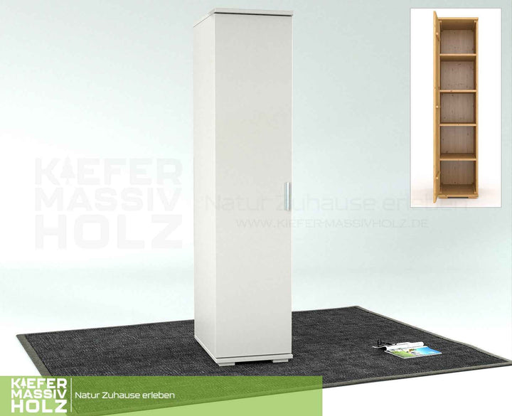 kiefer_massivholz_Nobis Kleiderschrank Kiefer, 42 cm Tiefe 1-Türig mit Kleiderstange aus Kiefer Massivholz – Schneeweiß