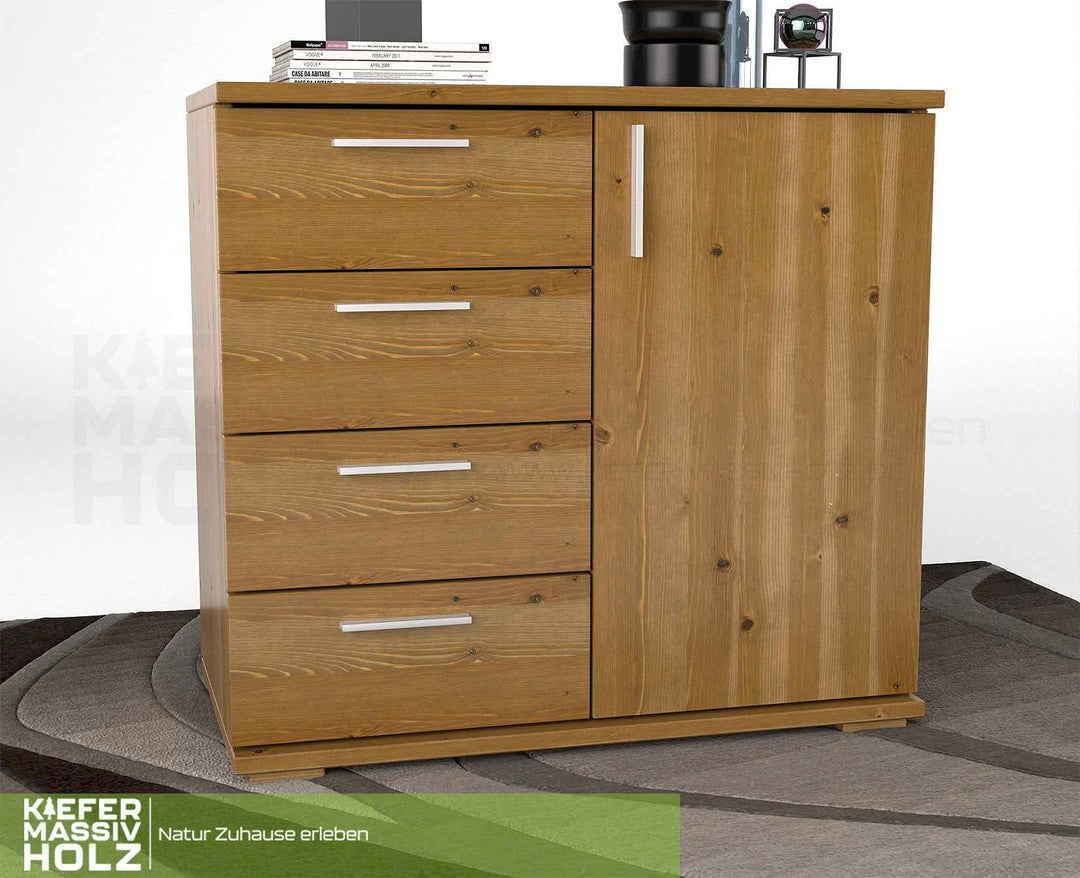 kiefer_massivholz_Nobis Kommode aus Kiefer Massivholz, Sideboard mit 4 kleinen Schubladen und 1 Tür – Antik