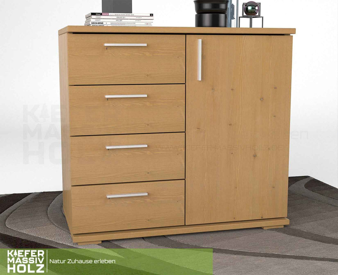 kiefer_massivholz_Nobis Kommode aus Kiefer Massivholz, Sideboard mit 4 kleinen Schubladen und 1 Tür – Cappuccino