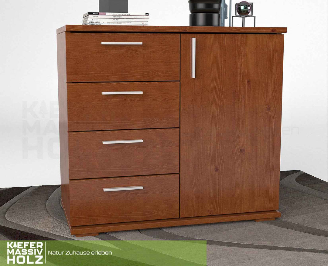 kiefer_massivholz_Nobis Kommode aus Kiefer Massivholz, Sideboard mit 4 kleinen Schubladen und 1 Tür