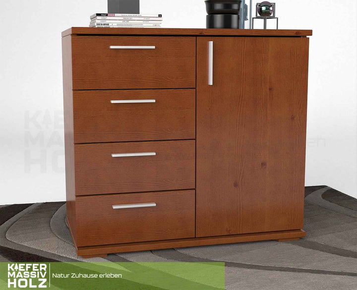 kiefer_massivholz_Nobis Kommode aus Kiefer Massivholz, Sideboard mit 4 kleinen Schubladen und 1 Tür