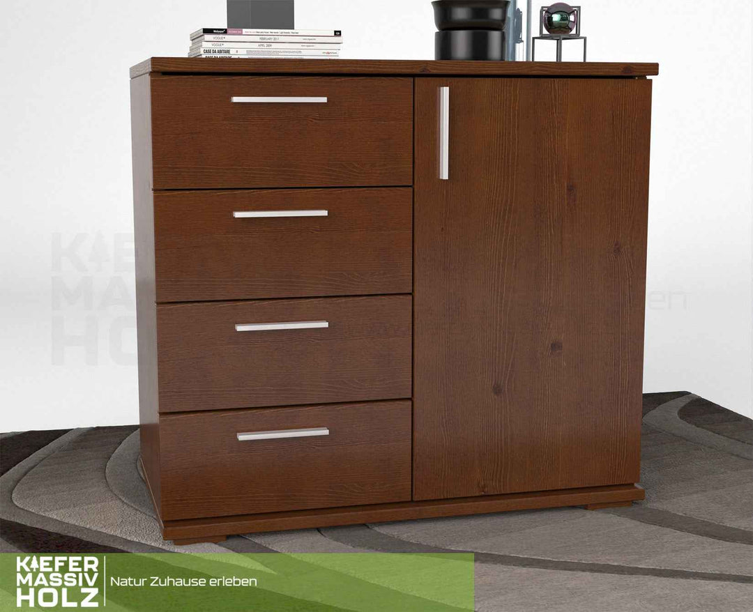 kiefer_massivholz_Nobis Kommode aus Kiefer Massivholz, Sideboard mit 4 kleinen Schubladen und 1 Tür