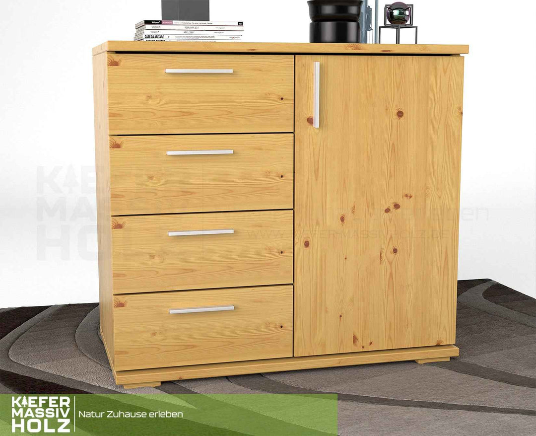 kiefer_massivholz_Nobis Kommode aus Kiefer Massivholz, Sideboard mit 4 kleinen Schubladen und 1 Tür – Natur