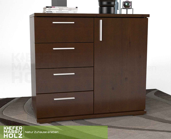 kiefer_massivholz_Nobis Kommode aus Kiefer Massivholz, Sideboard mit 4 kleinen Schubladen und 1 Tür