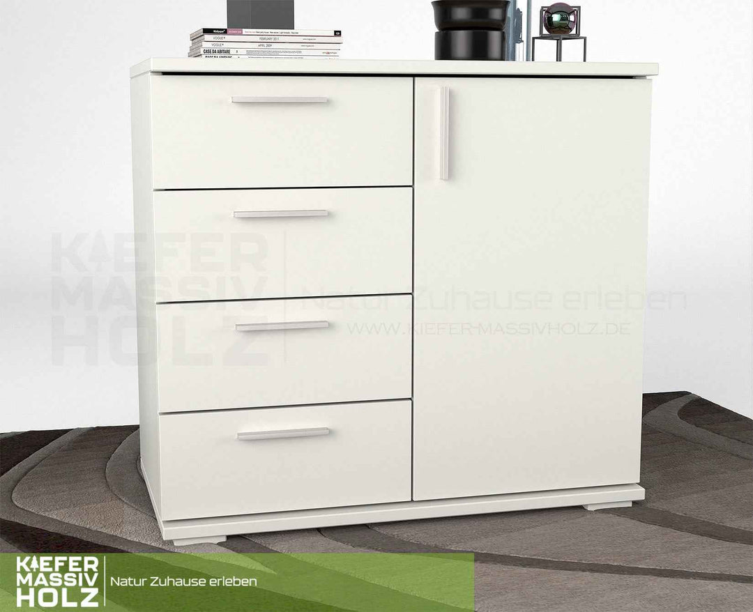 kiefer_massivholz_Nobis Kommode aus Kiefer Massivholz, Sideboard mit 4 kleinen Schubladen und 1 Tür – Schneeweiß