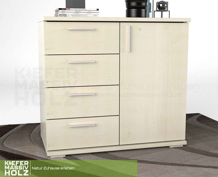 kiefer_massivholz_Nobis Kommode aus Kiefer Massivholz, Sideboard mit 4 kleinen Schubladen und 1 Tür – Weiß