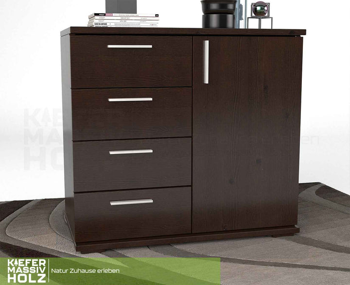 kiefer_massivholz_Nobis Kommode aus Kiefer Massivholz, Sideboard mit 4 kleinen Schubladen und 1 Tür – Wenge